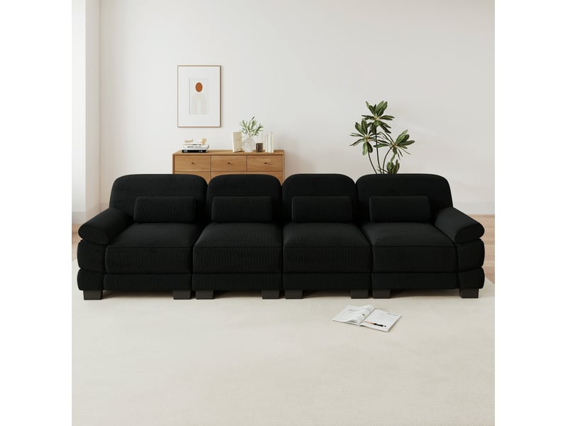  Canapé droit modulable 4 places 336x 88,5x 94 cm, velours côtelé, coussins lombaires, structure stable, noir  - Conforama B