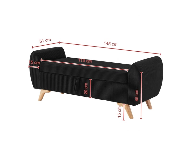  Banc de rangement noir 145 cm en velours côtelé avec coffre et pieds en bois  - Conforama C
