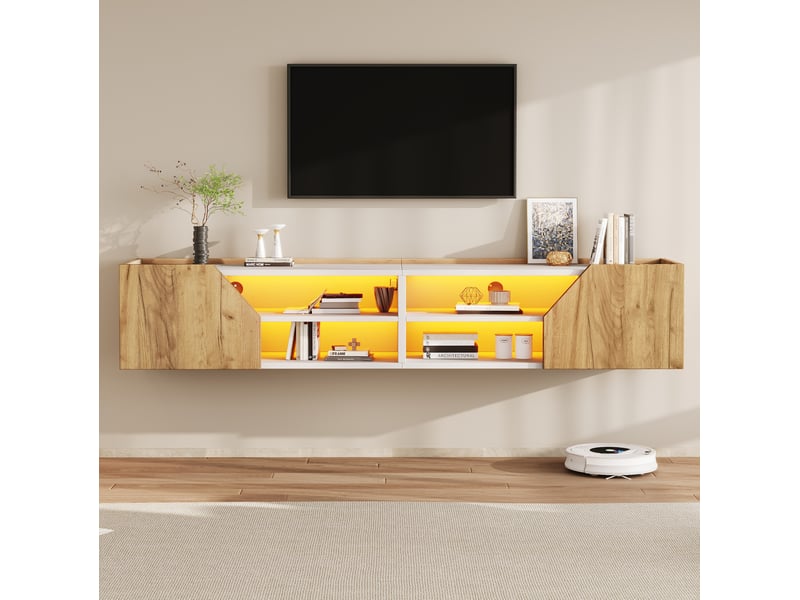 Meuble tv mural 180x36.5x40 cm avec led rgb bluetooth, blanc et aspect bois  - Conforama W