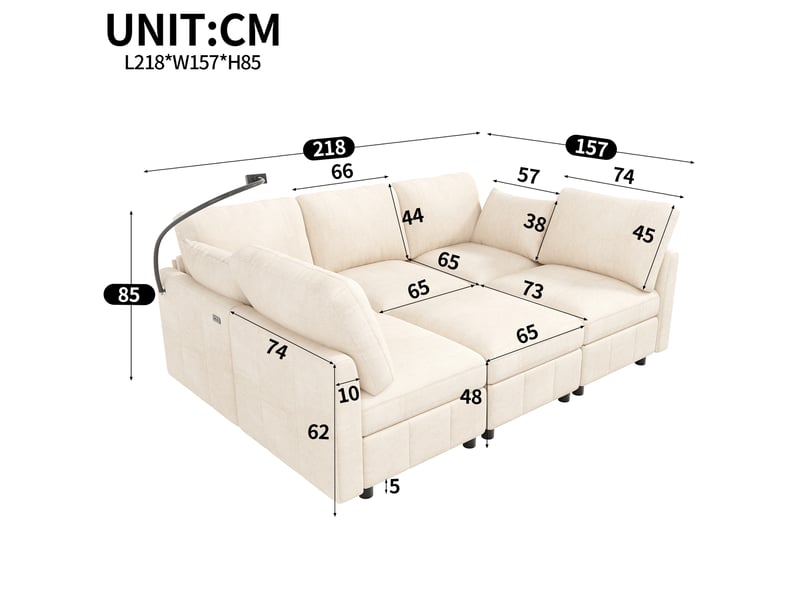  Canapé d'angle convertible 6 places 218x157x85 cm en ul avec pouf mobile, 2 coussins, charge rapide usbusb-c 24 w, porte-téléphone, chenille, beige Seren Glow - Conforama C
