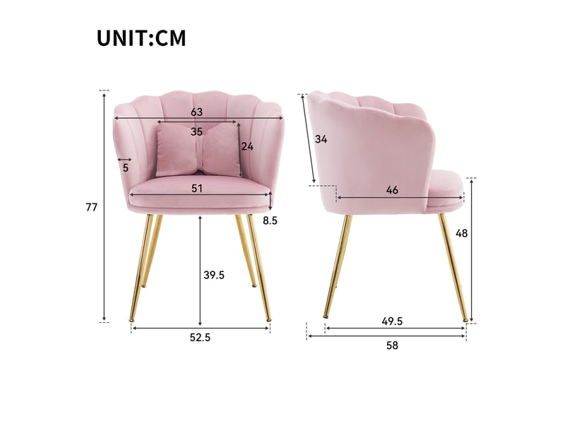  Fauteuil design en velours avec dossier pétale, coussin papillon et pieds métalliques dorés, rose  - Conforama E