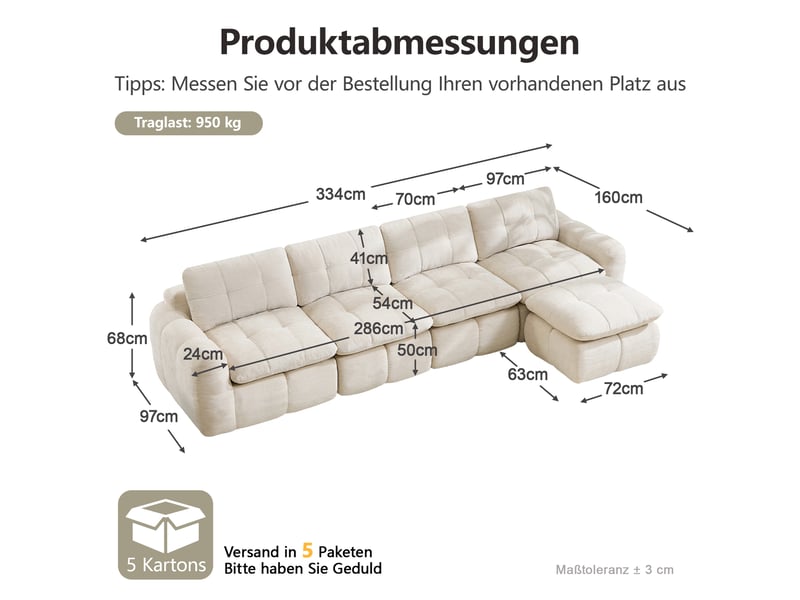  Canapé d'angle en l 4 places sans cadre, canapé modulaire, housse chenille beige, sans montage, 1 pouf pour salon et appartements  - Conforama C