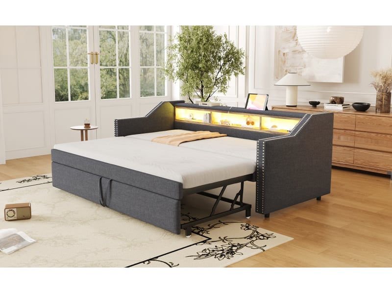 Lit convertible en toile de jute gris foncé 90180 x 190 cm - Conforama D
