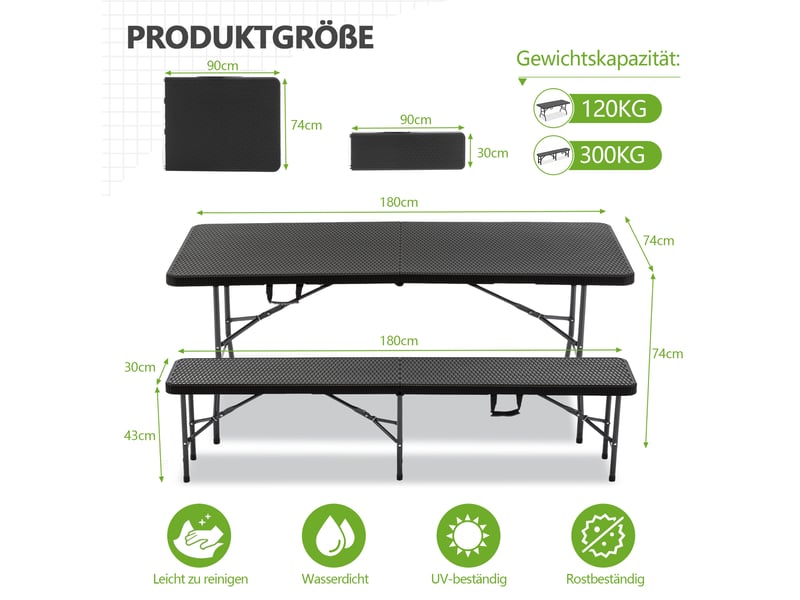  Set pique-nique pliable,180x74x43 cm,3 pièces,plastique,noir  - Conforama C