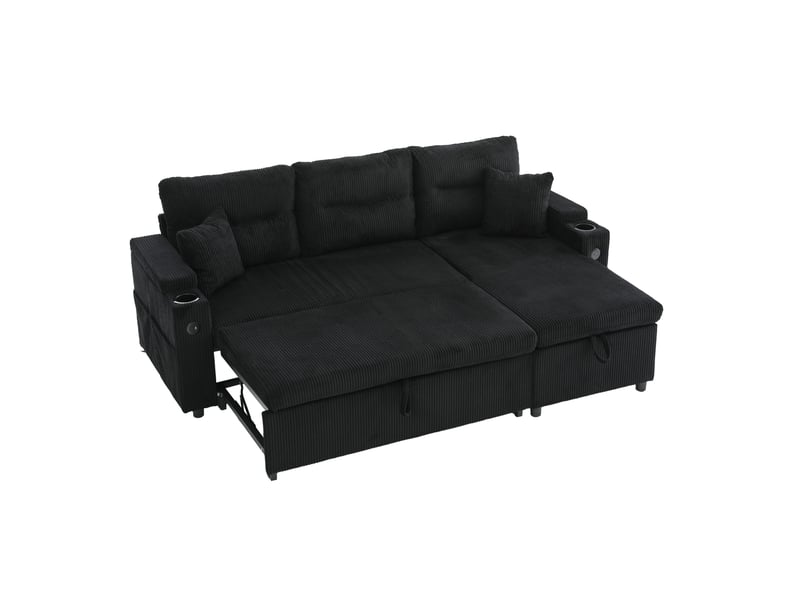 Canapé convertible modenvie 3 places avec méridienne rangement usb-c noir en velours côtelé 212,5 x 136 cm - Conforama A