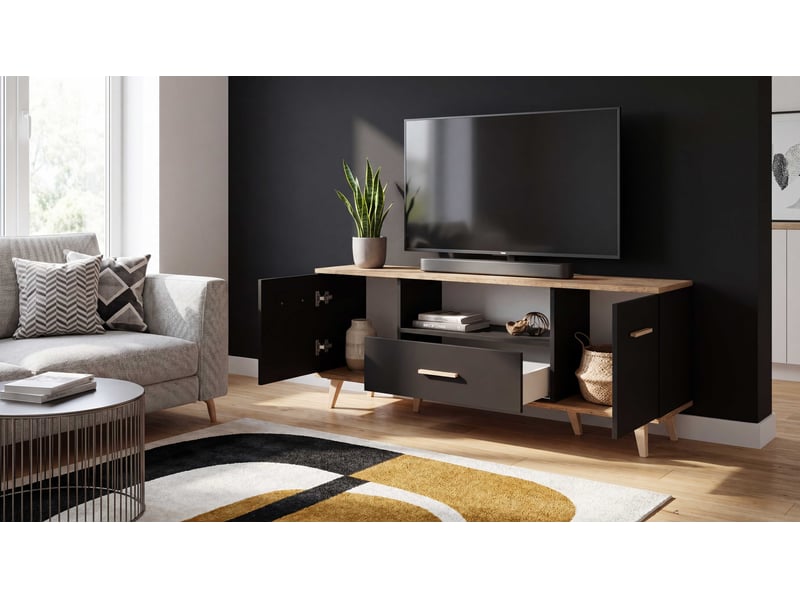  Meuble télé tv  137 cm -noir chêne wotan - avec tiroir et rangements pour salon SCAN_CZMWO_RTV2D1S - Conforama E