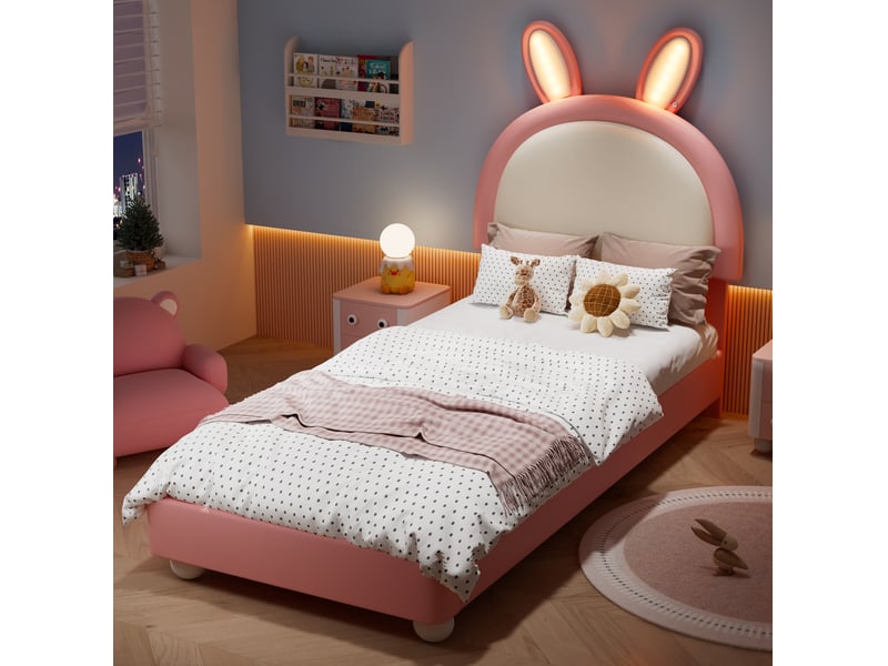  Lit enfant 90 x 200 cm avec tête de lit lapin led, rose et blanc, en pu  - Conforama E