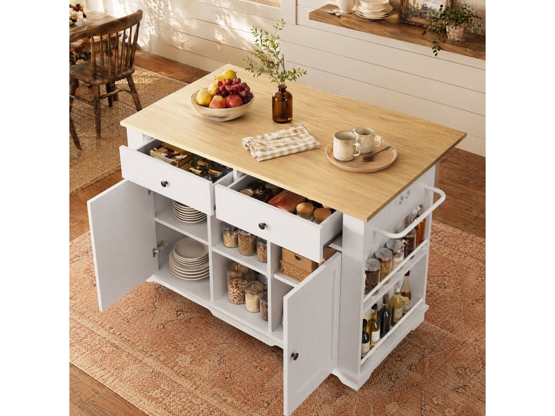  Îlot de cuisine avec plateau rabattable et prises intégrées - lpospi - 2 tiroirs, 6 rangements, mdf blanc et naturel  - Conforama B