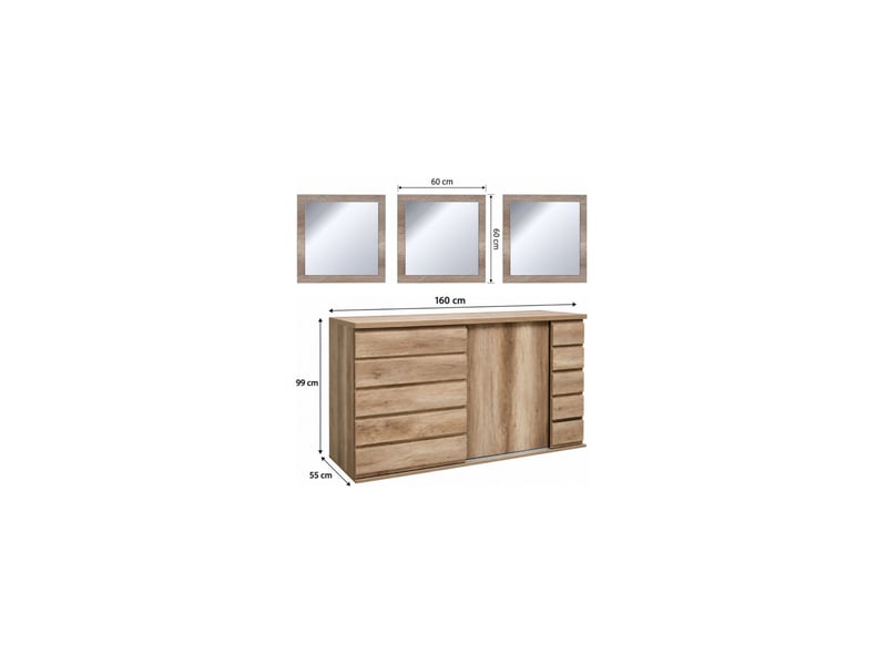  Ensemble romi chêne dab canyon – buffet 160 cm à 2 portes coulissantes et 3 miroirs 60x60 cm  - Conforama C