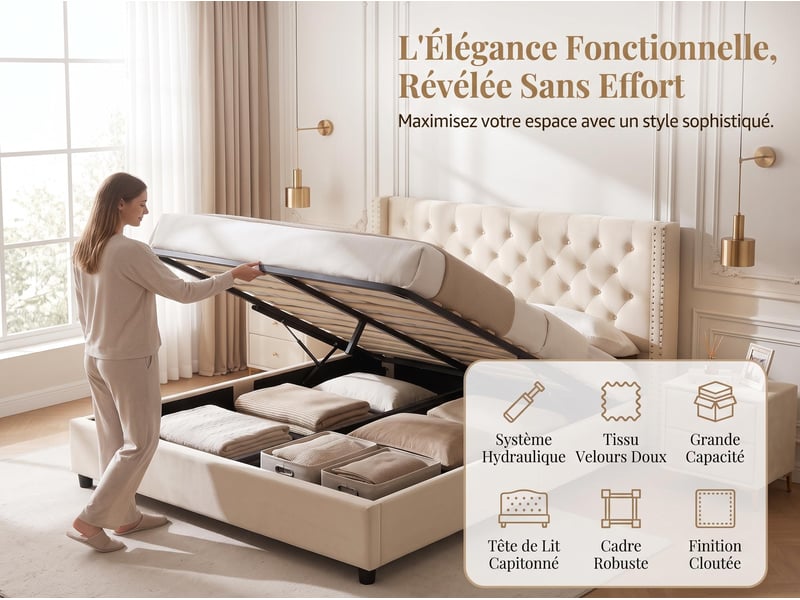  Lit 2 places 140×190 cm – lit coffre –  clous décoratifs – sommier à lattes – velours beige  - Conforama E