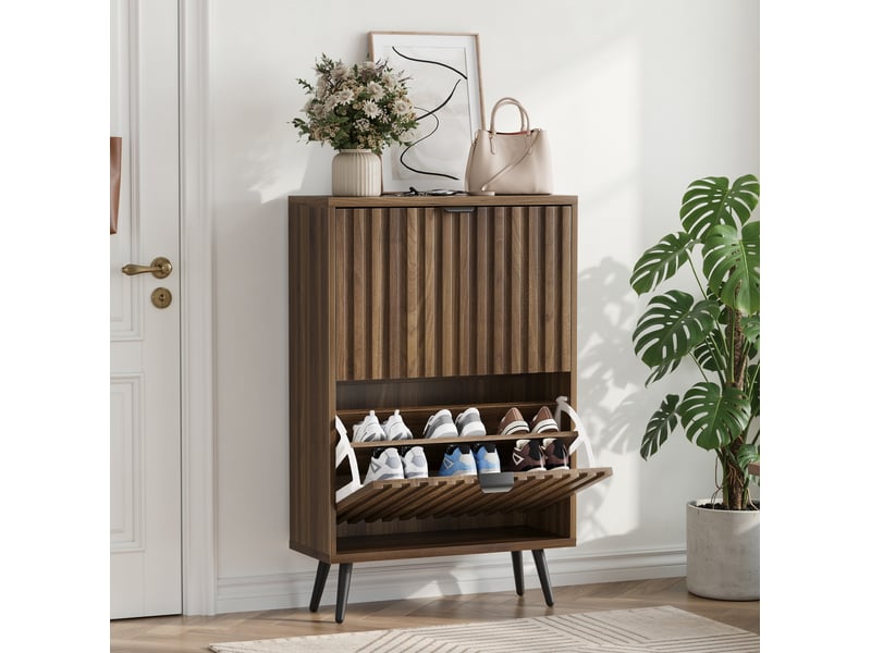  Meuble à chaussures 60 cm avec 2 compartiments basculants, décor rainuré, noyer et noir mat  - Conforama B
