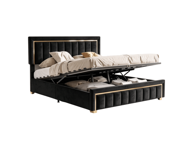 Lit coffre 160x200 cm, lit double rembourré avec rangement, lit coffre hydraulique - sommier à lattes - sans matelas - capacité de charge 300 kg - velours nior  - Conforama A