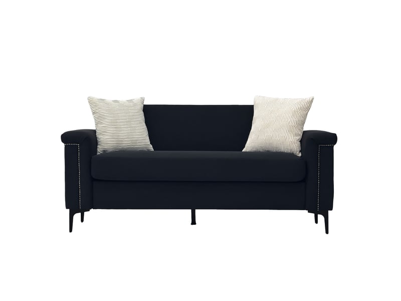  Canapé droit fixe 2 places noir en tissu, style scandinave avec clous décoratifs, idéal pour le salon moderne  - Conforama A