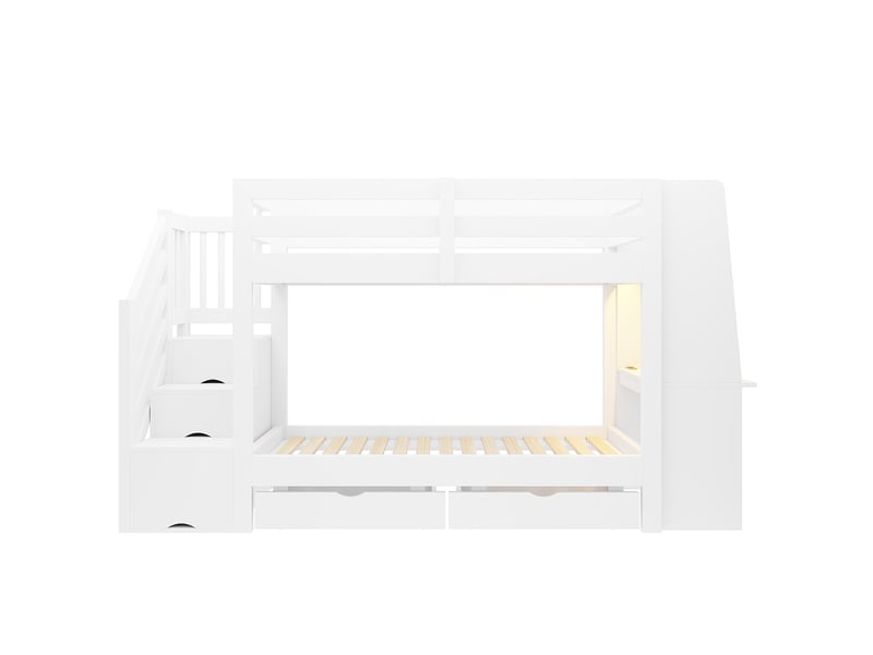  Lit superposé enfant 90×200 cm avec bureau, led, prise et tiroirs, blanc  - Conforama A