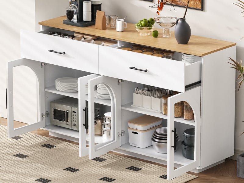  Buffet de cuisine 147 x 40 x 86 cm avec éclairage led, 2 tiroirs, 4 portes et étagères, blanc et bois naturel, en mdf  - Conforama B