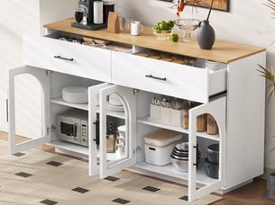 Buffet de cuisine 147 x 40 x 86 cm avec éclairage led, 2 tiroirs, 4 portes et étagères, blanc et bois naturel, en mdf