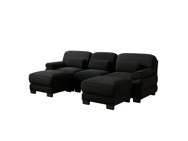  Canapé modulable u 3 places en velours côtelé noir avec 2 ottomans, assise profonde  - Conforama D