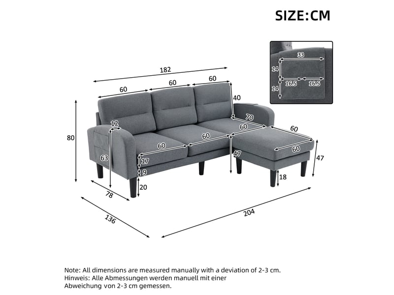  Canapé d'angle réversible 3 places en tissu gris avec méridienne, poches latérales et coussins amovibles  - Conforama C