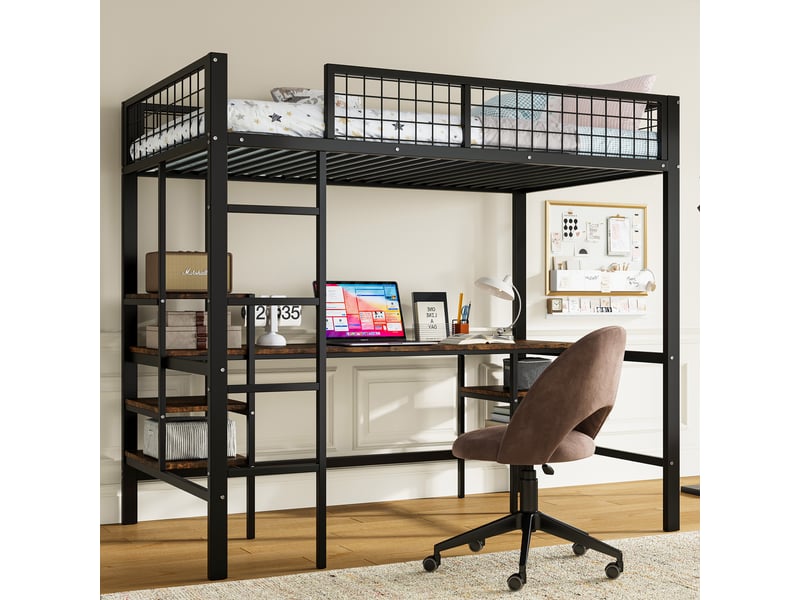  Lit en fer, lit superposé 90x200 cm, lit enfant avec table et étagère, avec échelle à quatre marches, fer+panneau de particules  - Conforama R