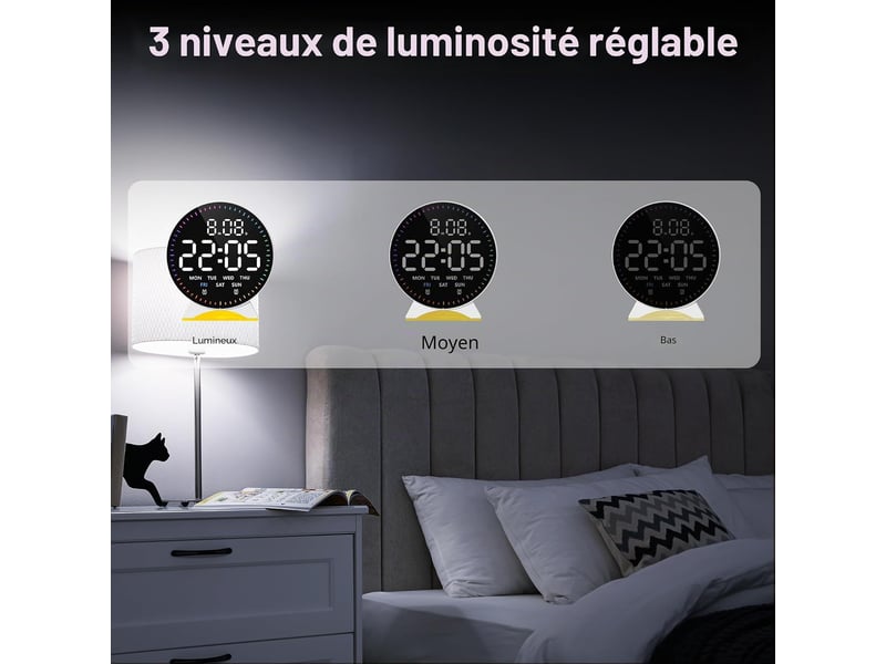  Réveil numérique led avec veilleuse rvb 9 couleurs, snooze, date, semaine, luminosité réglable, format 1224h, doubles alarmes pour table de nuit  - Conforama E
