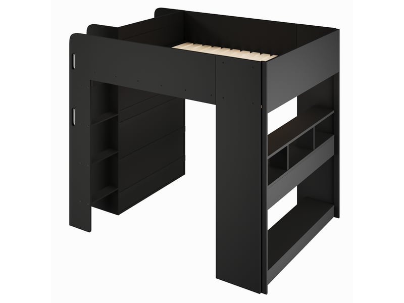 Lit mezzanine 2 places 140 × 200 cm avec bureau, armoire, rangements, éclairage led et sans matelas, en mdf noir - Conforama E
