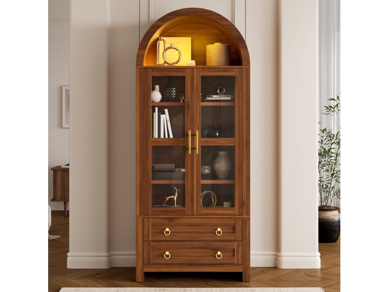  Vitrine haute 76x40x180 cm avec led, 2 portes vitrées et 2 tiroirs noyer  - Conforama E