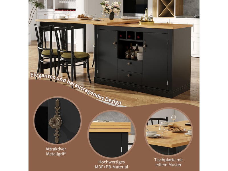  Table de bar extensible avec plateau pivotant 360°, rangement intégré et casier à vin, 120–180 x 40 x 76 cm, noir  - Conforama E