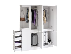 Armoire 140x40x170 cm avec 4 tiroirs et penderie ouverte coloris blanc et bois
