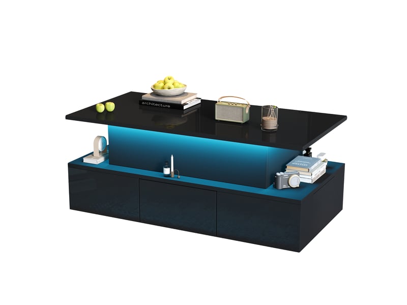  Table basse à plateau relevable, noire, 100 x 50 x 40 cm, 4 tiroirs, led et rangement caché  - Conforama A