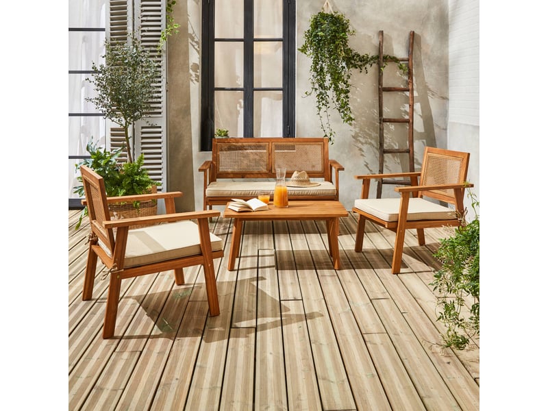 Salon de jardin. Bohémia. Cannage carré. Canapé 2 places. 2 fauteuils. 1 table basse 117x64x74 cm  - Conforama E