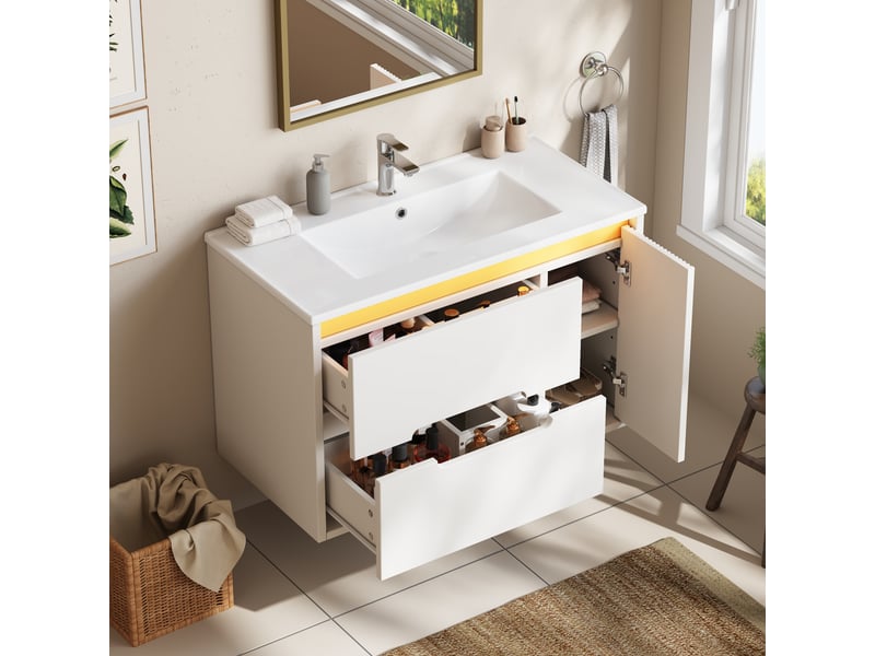 Meuble vasque mural 81x47x51 cm, meuble salle de bain avec vasque céramique, led, motif ondulé, tiroirs, portes et étagères réglables, mdf, blanc Bliss Lite - Conforama D