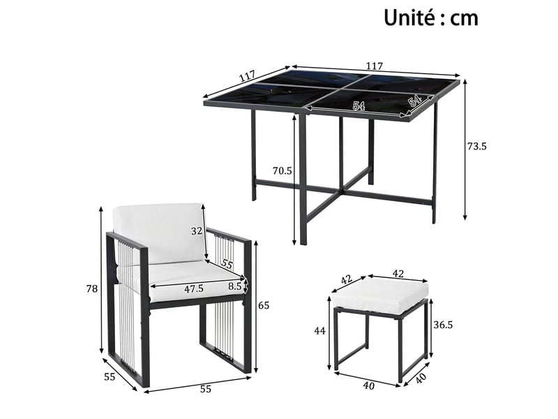  Ensemble de mobilier de jardin pour 6 personnes, 117 x 117 cm, ensemble de 7 pièces avec plateau en verre, 4 fauteuils, 2 tabourets  - Conforama C