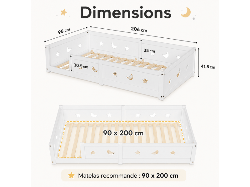 Lit enfant lit au sol 90x200cm - lit montessori avec sommier en bois massif - barrières de sécurité en motif étoiles et lune - lit cabane montessori en bois de pin, barrières contre les chutes, cadre de lit au sol, 1 personne – … - Conforama R