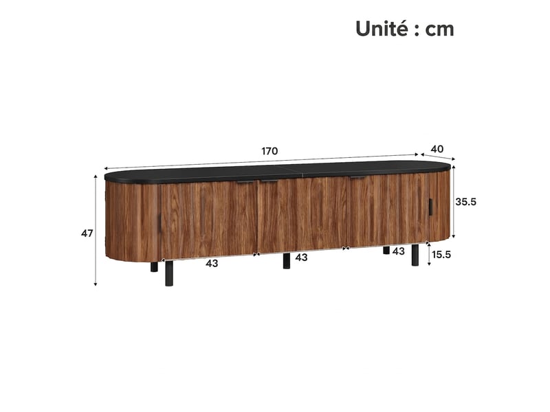  Meuble tv noyer 170 cm mdf 5 portes avec façade rainurée et bords arrondis  - Conforama E