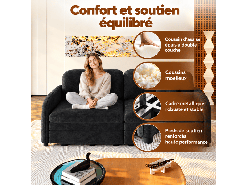  Canapé convertible 2 places 166 cm, 3-en-1 extensible avec rangement, couchage double, coussins amovibles, chenille, noir OMNIGLINT TRADING LTD - Conforama E