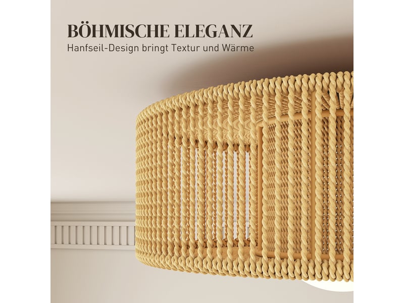  Plafonnier de style bohème, suspendu avec douille led g9, abat-jour rond en corde de chanvre  - Conforama D