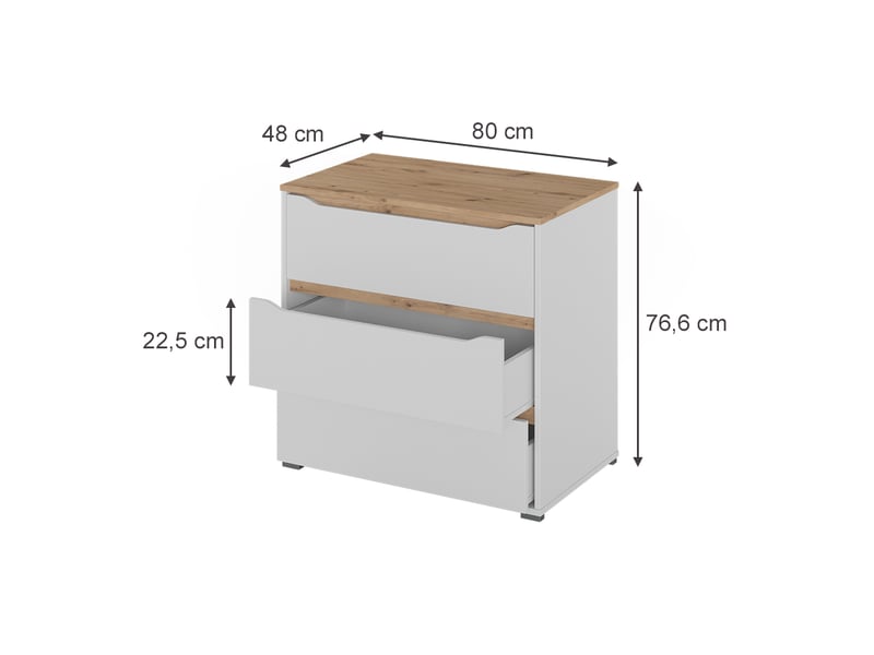  Vicco commode avec tiroirs, blancchêne artisan, 80x76.6cm avec 3 tiroirs  - Conforama B