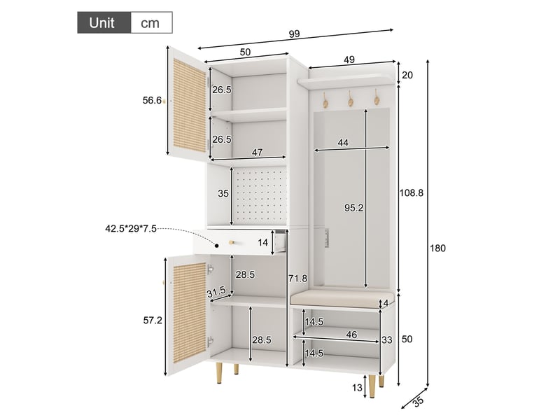 Vestiaire avec banc à chaussures et miroir 99x35x180 cm, blanc et naturel - Conforama C