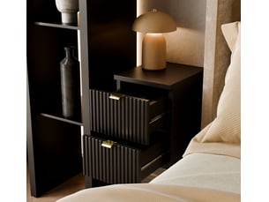 Table de chevet suspendue noire – 25 cm, 2 tiroirs, façades cannelées