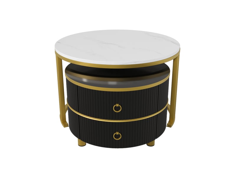  Table basse ronde 2 en 1 en mdf, table d'appoint avec plateau brillant et plateau en marbre blanc, combinaison table basse salon avec 2 tiroirs, 70 x 70 x 46 + 50 x 50 x 40 cm  - Conforama D