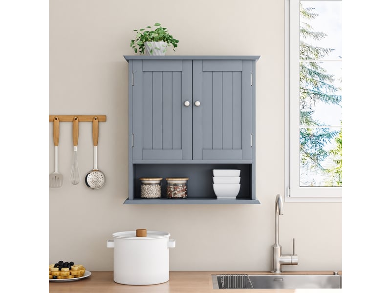  Armoire murale de salle de bain 2 portes, étagères ouvertes, gris clair, 54,6 x 19,8 x 60 cm  - Conforama B