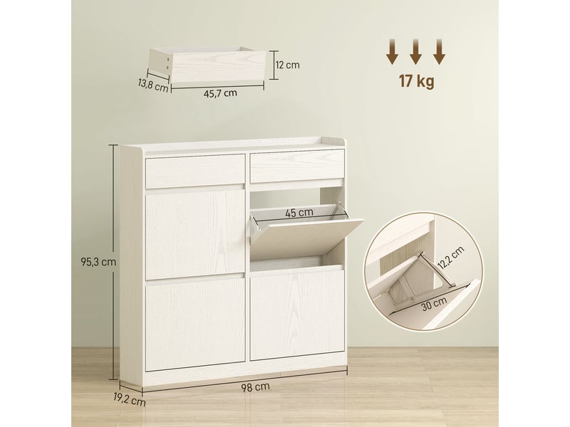  Meuble à chaussures 8 paires avec 2 tiroirs coulissants et 4 tiroirs rabattables, 98 x 19,2 x 95,3 cm, blanc  - Conforama D