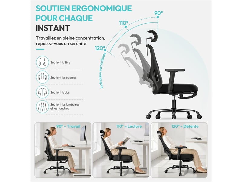 Chaise de bureau ergonomique en maille respirante avec appui-tête, repose-pieds et charge 150 kg 616441 Black - Conforama E