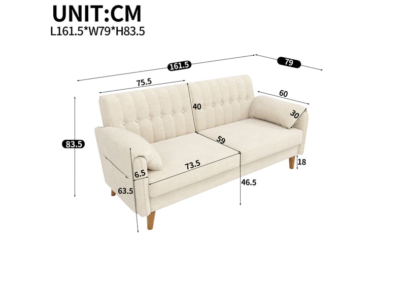 Canapé droit 2 places avec coussins amovibles, poches latérales et pieds en bois, en chenille beige - Conforama C