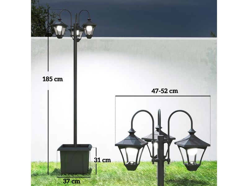  Lampadaire solaire avec pot de fleurs, hauteur réglable jusqu'à 185 cm, lanterne de jardin extérieure à 3 têtes d'éclairage, contrôle de la lumière  - Conforama E