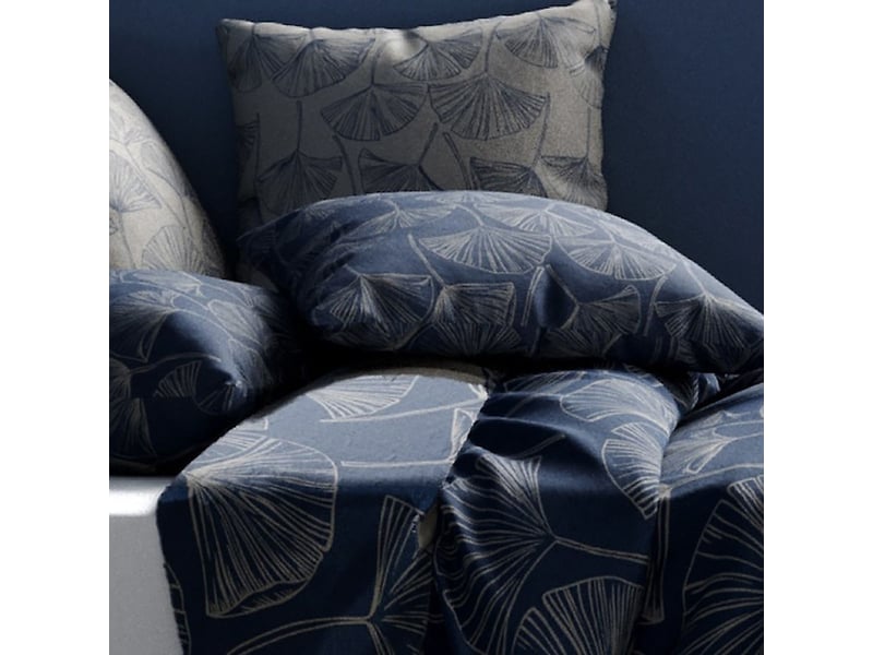  Parure housse de couette 260x240cm + 2 taies motif feuillage ginko bleu et gris 100% coton - edonie EDONIE - Conforama D