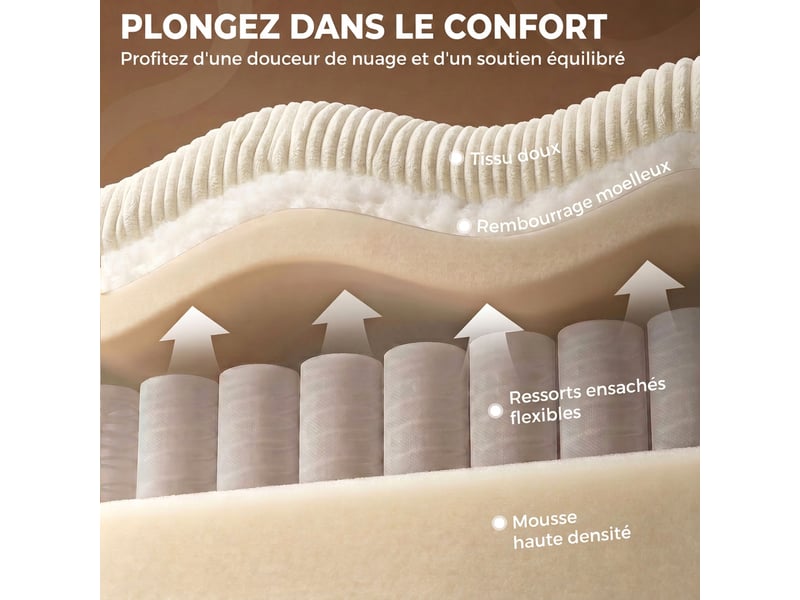 Canapé 4 places avec 2 poufs de rangement, canapé d'angle modulable en u 306 cm en velours côtelé, 4 coussins, crème  - Conforama E
