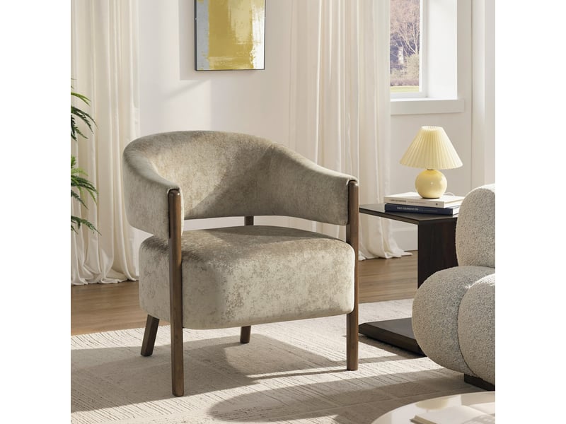  Fauteuil lounge rembourré en chenille, assise large, marron clair  - Conforama C