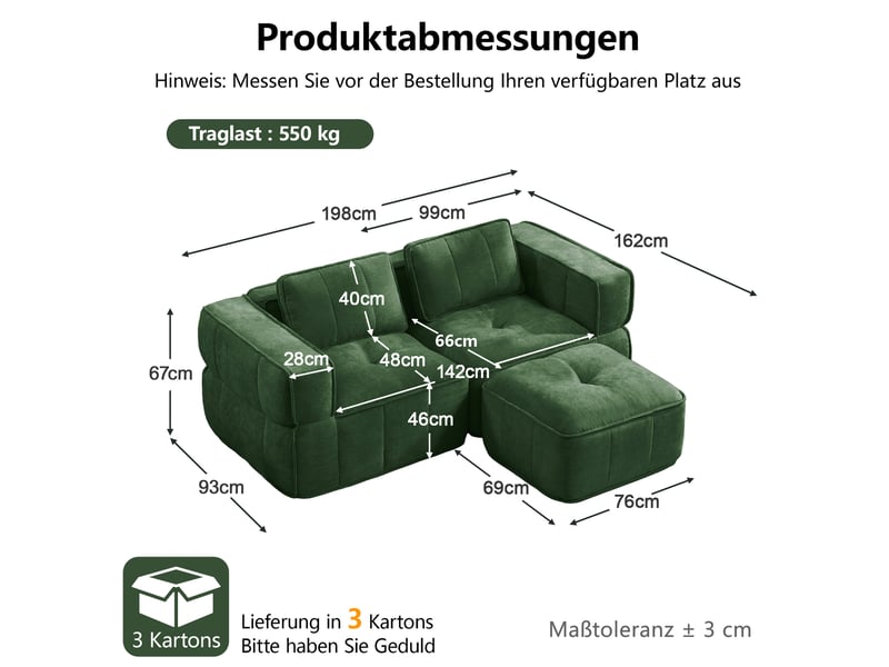  Canapé d'angle modulaire 2 places avec pouf, assise profonde et base antidérapante en polyester vert  - Conforama C