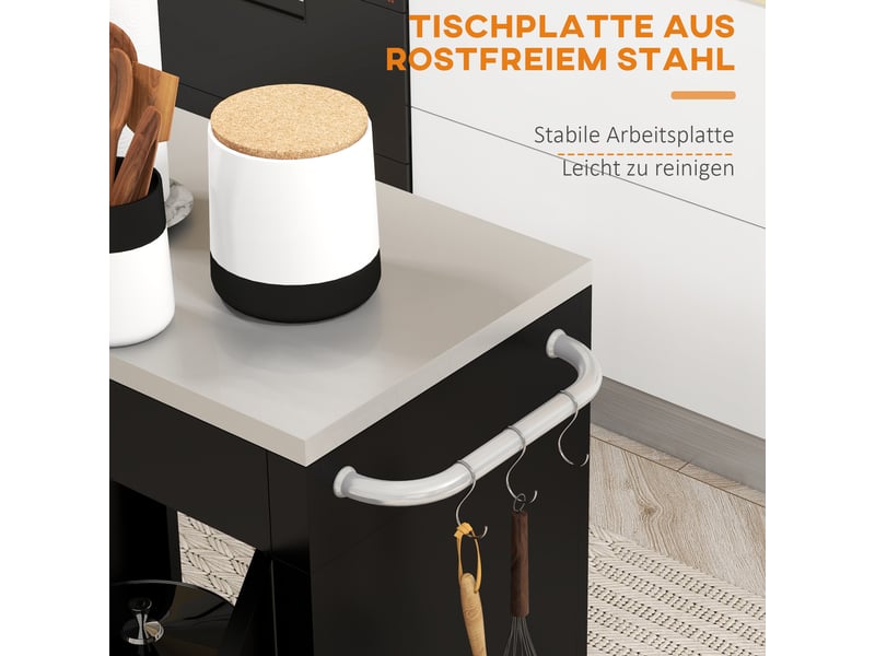 Desserte de cuisine avec placard, 6 crochets et 4 roulettes, plateau inox pour cuisine 86×50×86,5 cm noir - Conforama E